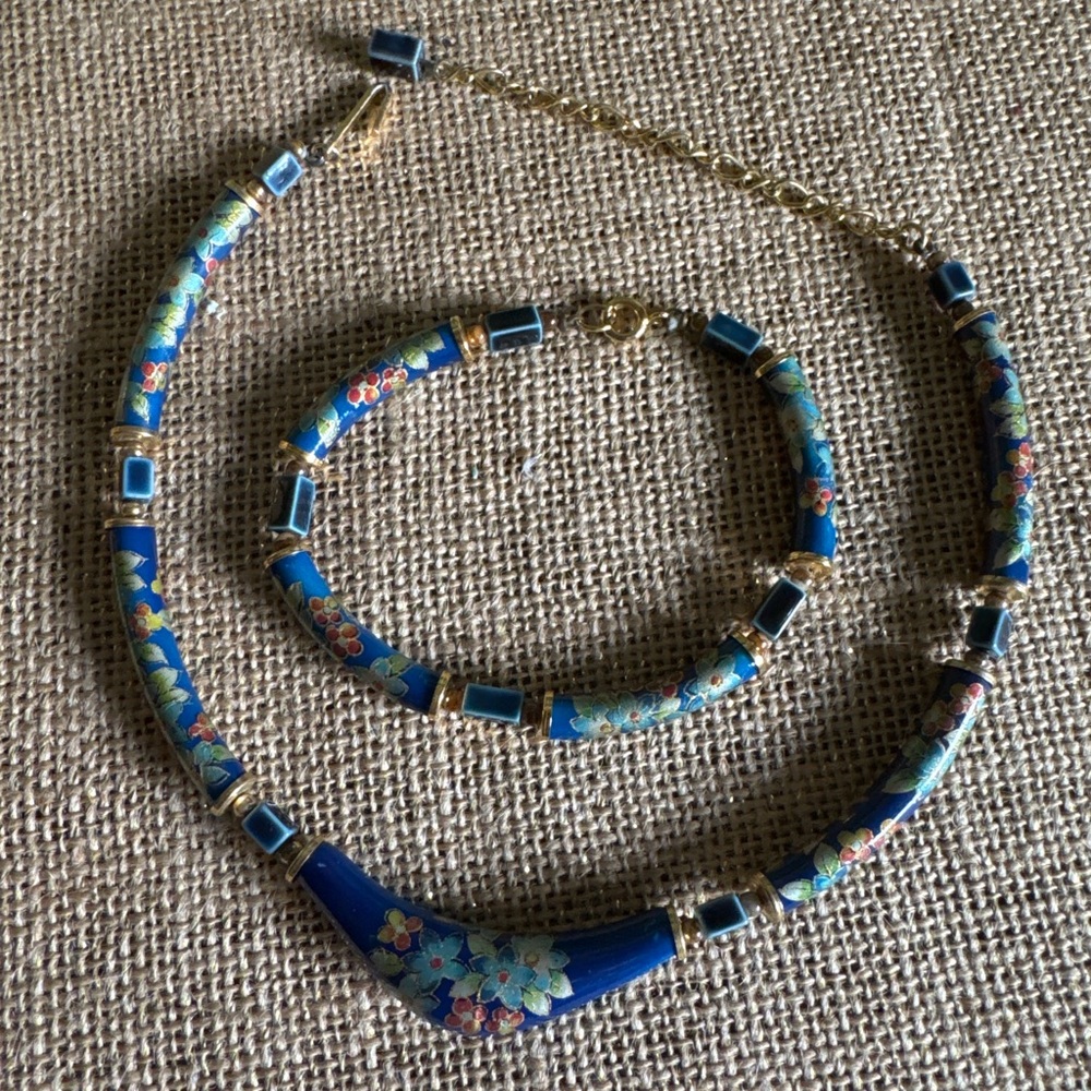 Vintage Cloisonnรฉ Floral Focal Bead Choker Necklace Bracelet Set Japan